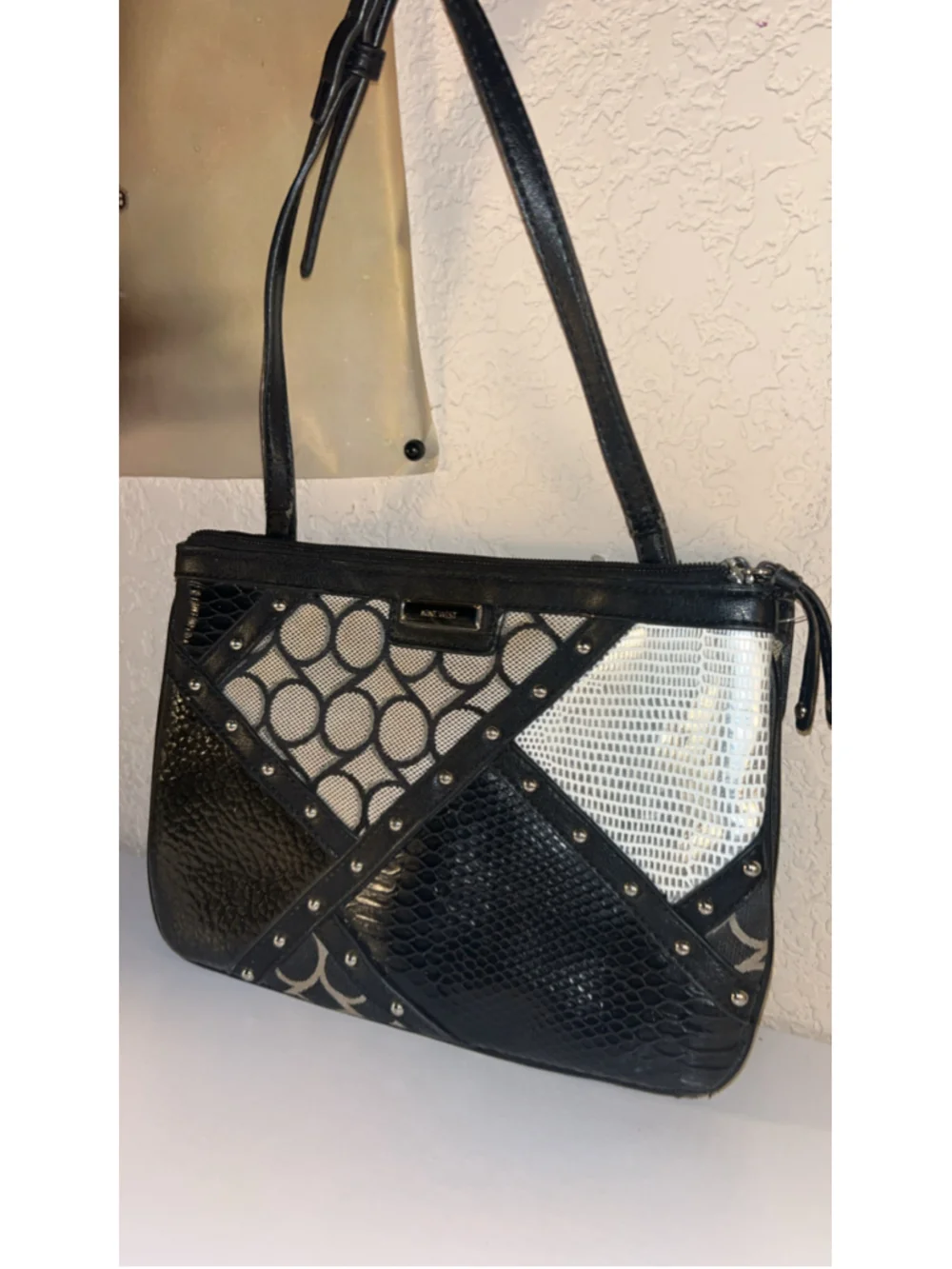 Women's Nine West Shoulder Bag One Size Black Silver Studded Patchwork